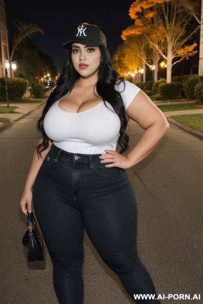 Mexican, extra thicc, bbw hips, pear shaped, hot, dimples, face, high rise jeans, baseball cap, long black hair, ((keep face)), ((keep body)), halloween night, halloween suburban neighborhood, - ai-porn.ai - Mexico on pornintellect.com