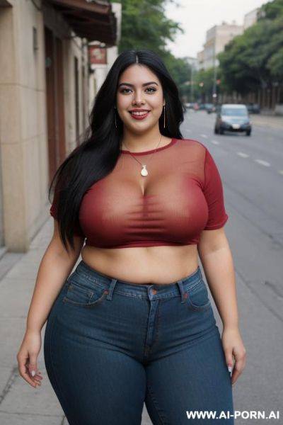 Very mexican, supermodel, extra thicc, super pear shaped, high rise jeans, red tshirt, huge hips, big thighs - ai-porn.ai - Mexico on pornintellect.com