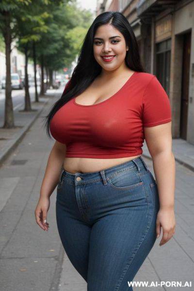 Very mexican, supermodel, extra thicc, super pear shaped, very wide hips, high rise jeans, red tshirt, huge hips, big thighs - ai-porn.ai - Mexico on pornintellect.com