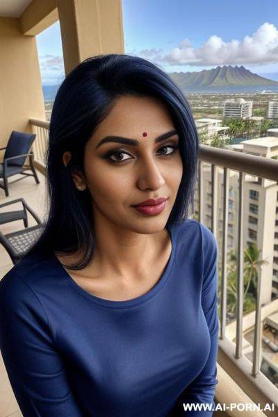 ((blue crew neck shirt)), (gorgeous), beautiful eyes, (big full lips), big nose, (beautiful), (lean) ((photorealistic)) (punjabi), ((ultra detailed photo)), ((hyper realistic photo)), (balcony, hawaii in the background) - ai-porn.ai on pornintellect.com