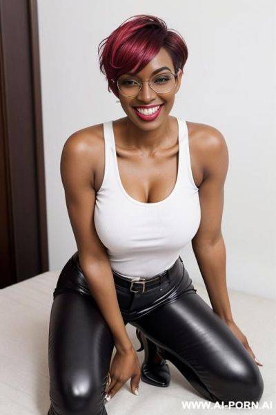 Hot sexy tall woman dark skin huge tits pixie hair glasses ( tight leather pants) (no heels military boots) (white tank top) - ai-porn.ai on pornintellect.com