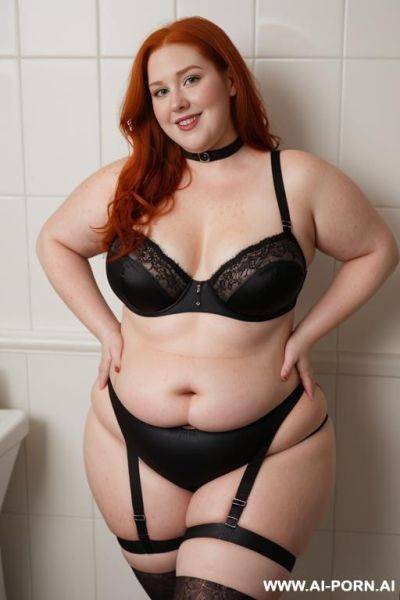 Half-length photo, the bathroom as a stage, a fat chubby very obese fat thick and bbw redhead british, she is washing clothes and is soaked in foamy water. she has lovehandless and a soft - ai-porn.ai - Britain on pornintellect.com