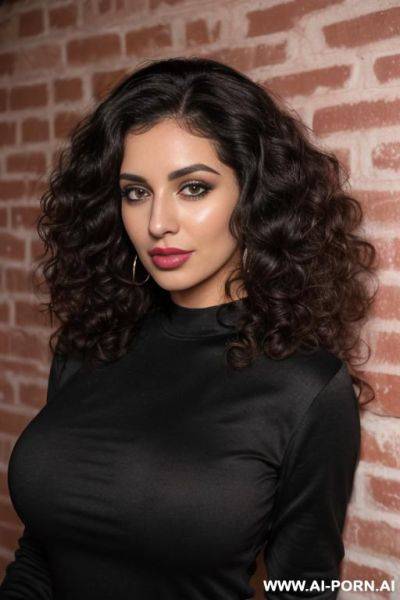 ((long sleeve crew neck black shirt)), (gorgeous), beautiful eyes, (big full lips), big nose, (beautiful), (lean) ((photorealistic)) (middle eastern), ((ultra detailed photo)), ((hyper realistic photo)), (brick wall) ((busty)) ((very large round boobs)) - ai-porn.ai on pornintellect.com