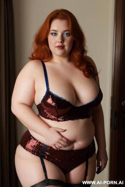 Half-length photo, ((half body photo shot close up)). as a set in the laundry area, a (((very obese))) fat chubby fat thick and bbw redhead british,. ((she has lovehandless)). she is wearing - ai-porn.ai - Britain on pornintellect.com