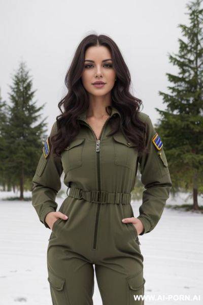 Pretty, ukrainian, 30, flowing wavy hair, dark brown hair, white skin, athletic body, natural boobs, slight smile, makeup, eye shw, standing, spreading legs, unzipped, olive green military jumpsuit, snow background. - ai-porn.ai - Ukraine on pornintellect.com