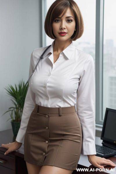 Office shirt, big buttons shirt, skirt, cougar, g cups, long bobcut - ai-porn.ai on pornintellect.com
