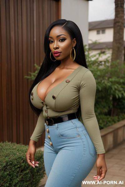 Garden, tight casual clothes, kawaii, extremely pretty, makeup, full lips, button nose, flowing hair, hoop earrings, big round boobs, tight waist, stare - ai-porn.ai on pornintellect.com