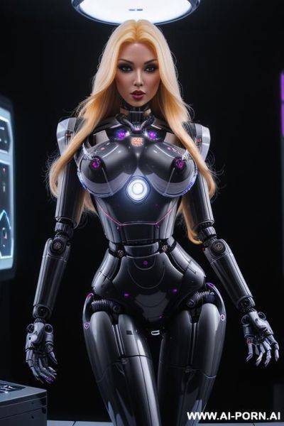 Sexbot, front view, full body view, standing, hands on spaceship control desk, looking at viewer, beautiful seductive human face with tanned silicone skin, long straight blonde hair, big lips, wide - ai-porn.ai on pornintellect.com