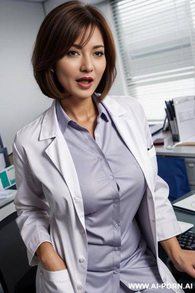 Lab coat, (((office shirt))), g-cup tits, cougar, long hair bobcut, shocked happy moaning face - ai-porn.ai on pornintellect.com