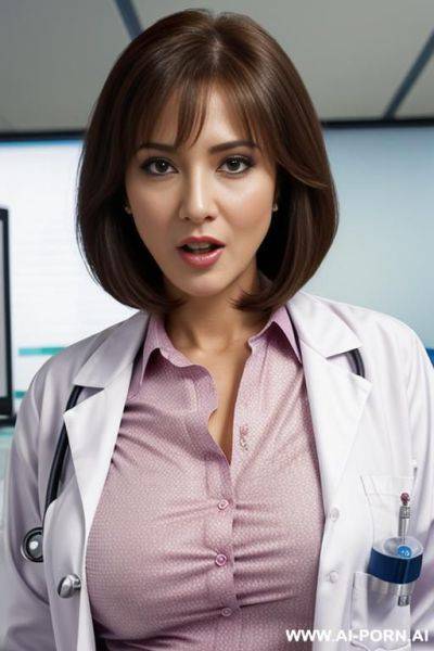 Lab coat, (((office shirt))), g-cup tits, cougar, long hair bobcut, shocked excited moaning face - ai-porn.ai on pornintellect.com