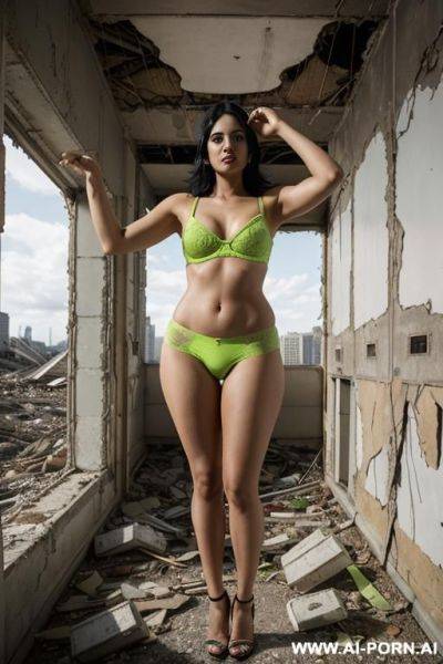 Woman in an abandoned building, lots of rubble, lime green underwear, - ai-porn.ai on pornintellect.com