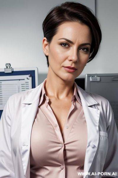 Lab coat, (((office shirt))), g-cup tits, cougar - ai-porn.ai on pornintellect.com