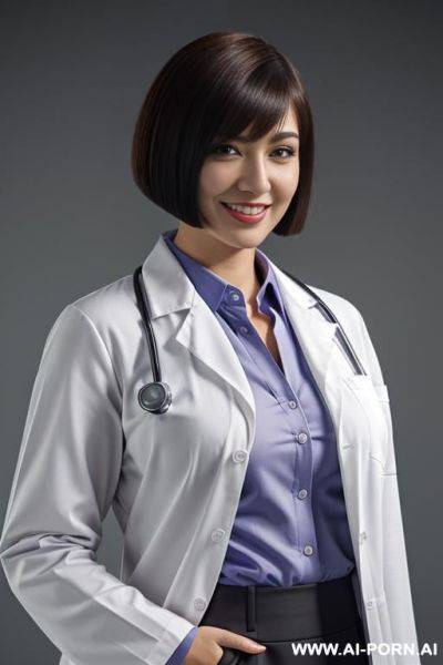 Lab coat, ((collared shirt)), skirt, ((asymmetrical bobcut)) - ai-porn.ai on pornintellect.com