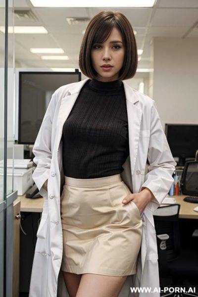 Lab coat, office shirt, skirt, long bobcut hair - ai-porn.ai on pornintellect.com