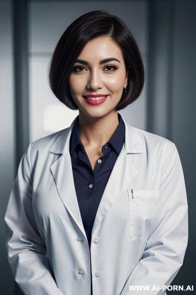 Lab coat, ((collared shirt)), skirt, asymmetrical bobcut - ai-porn.ai on pornintellect.com