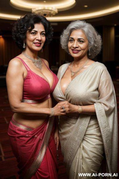 Bold granny with grey hair and normal mom, standing in a fancy luxurious gym club, ((two indian women standing together, granny smiling at the camera, mom having orgasm)), photorealistic, indian - ai-porn.ai - India on pornintellect.com