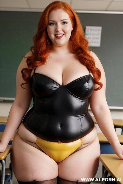 Half body photo shot, dynamic angle 30, about at classroom, obese chubby fat bbw curvy teacher, wearing a sexy and hot red and yellow latex stocking lingeries, she is a obese smart teacher - ai-porn.ai on pornintellect.com