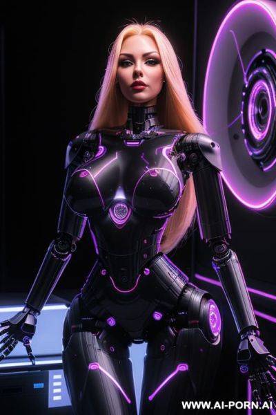 Sexbot, front view, full body view, standing, hands on spaceship control desk, looking at viewer, beautiful seductive human face with tanned silicone skin, long straight blonde hair, big lips, wide - ai-porn.ai on pornintellect.com