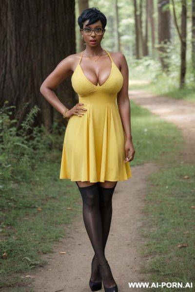 Hot sexy tall woman dark skin huge tits pixie hair high heels glasses (yelow dott dress) (big cleavage) (knee stockings) - ai-porn.ai on pornintellect.com
