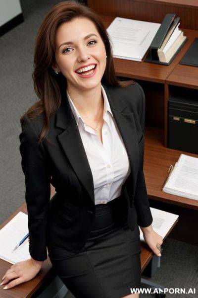 Office secretary.wears pencil skirt and a business blazer, no shirt under the blazer. - ai-porn.ai on pornintellect.com