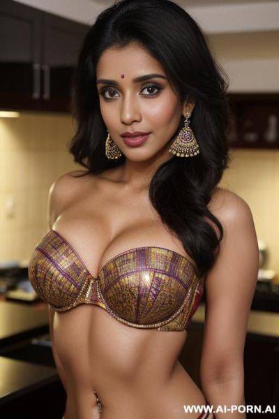 ((strapless highly detailed traditional colorful bra)), ((asin)), (gorgeous), beautiful eyes, (big full lips), big nose, (beautiful), (lean) ((photorealistic)) (tanned indian), ((ultra detailed photo)), - ai-porn.ai - India on pornintellect.com