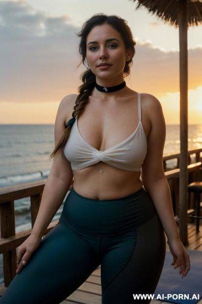 ((topless)), ((natural plump breasts), (pretty face), (wide hips), (soft seductive smile), (sheer mesh), (choker), (no top), (topless), (overcast day), (even lighting), (classy tiki bar) (chubby) - ai-porn.ai on pornintellect.com