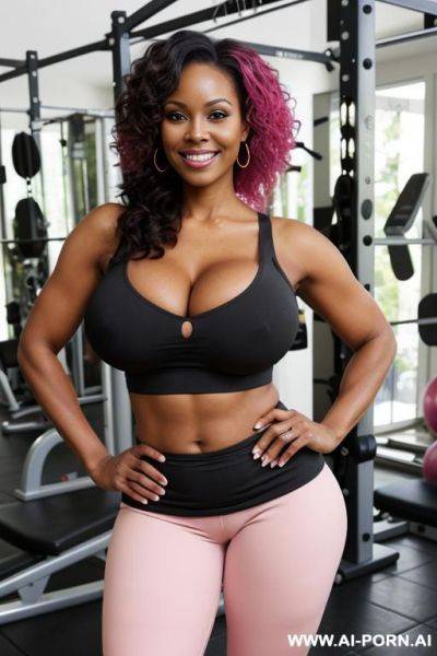 Hypwr realistic human. busty black milf, large natural breasts. full body view. waist, wide hips. hands on hips and smiling. wearing loose top over bra, and pink gym leggings - ai-porn.ai on pornintellect.com
