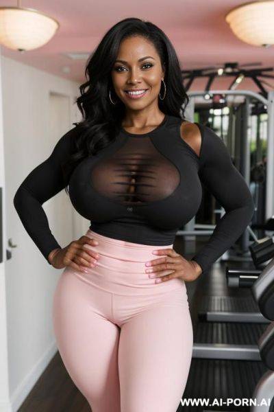 Hypwr realistic human. busty black milf, large natural breasts. full body view. waist, wide hips. hands on hips and smiling. wearing loose shirt and pink gym leggings - ai-porn.ai on pornintellect.com