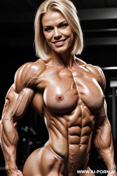 (simple background highlighting muscle), (naked), (nude), (shortest most muscular white woman only), ((short)), ((very white pallid skin)), ((perfect hard erotic pink rosy nipples)), hard & pallid, - ai-porn.ai on pornintellect.com