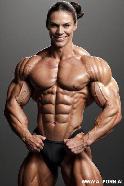(gray background), (naked), (nude), (shortest most muscular white woman only), ((short)), ((very white pallid skin)), ((perfect hard erotic pink rosy nipples)), hard & pallid, (((extremely beautiful - ai-porn.ai on pornintellect.com