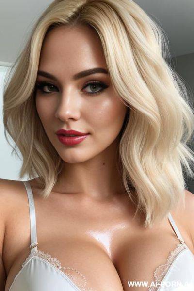Glamorous classy bimbo, pallid white skin, ((prefect boobs)), friendly flirty face, sleepy eyes, shiny glossy latex, front view, beautiful arms , gorgeous face - ai-porn.ai on pornintellect.com