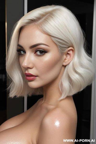 Glamorous classy bimbo, pallid white skin, ((prefect saggy boobs)), friendly flirty face, sleepy eyes, shiny glossy latex, front view, beautiful arms , gorgeous face, (hair blown to side.) - ai-porn.ai on pornintellect.com