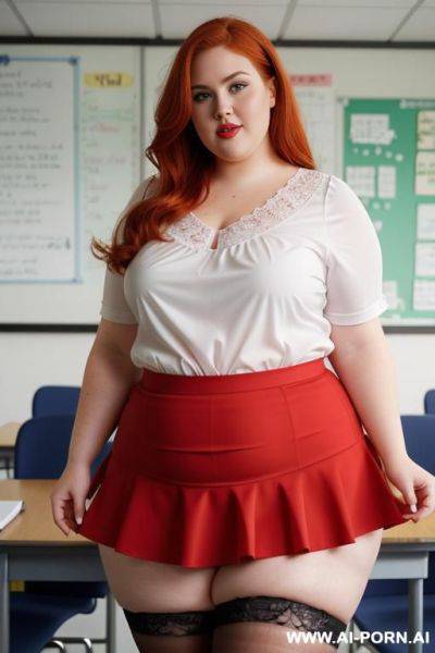 Close up full body photo shot, about at classroom, ((obese)) chubby fat bbw curvy redhead teacher, wearing a sexy and hot micro red ruffle skirt and elegant top, teaching to the classroom. - ai-porn.ai on pornintellect.com