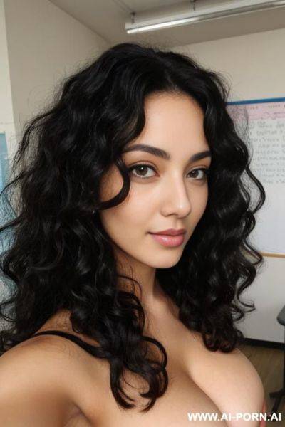 Curly hair, natural boobs, teacher, looking at viewer, looking at camera, eye contact - ai-porn.ai on pornintellect.com