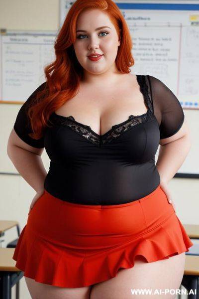 Close up half body photo shot, about at classroom, obese chubby fat bbw curvy redhead teacher, wearing a sexy and hot micro red ruffle skirt and elegant top, teaching to the classroom. - ai-porn.ai on pornintellect.com