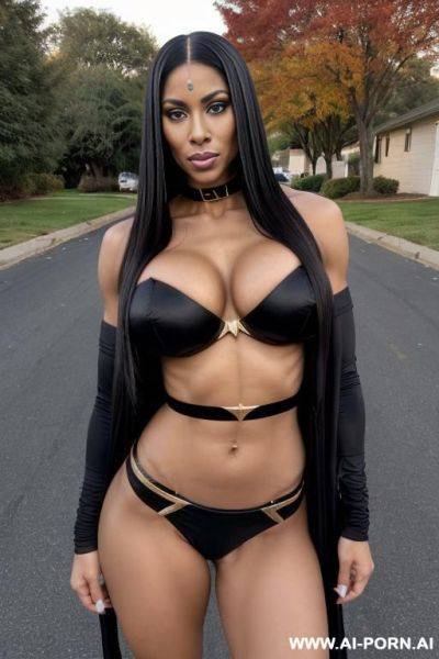 Movie star, gigantic fake breasts, teapered waist, athletic body, big brown eyes, full lips, high cheek bones, square jaw, dark arched eye brows, pretty make up, ((keep body)), ((keep face)), halloween night, halloween suburban neighborhood, - ai-porn.ai on pornintellect.com