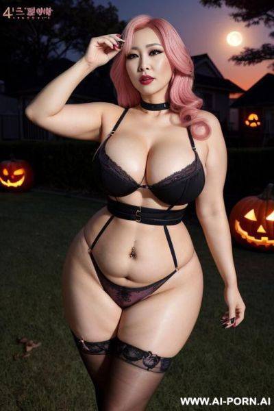 Sexy idol, gigantic round tits, teapered waist, curvy hips, pretty make up, halloween night, halloween suburban neighborhood, - ai-porn.ai on pornintellect.com