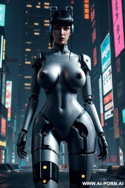 (cyberpunk city), full robotic legs and arms, naked pussy, naked navel, naked wide hips, naked narrow waist, very oversized saggy boobs, naked neck, beautiful face - ai-porn.ai on pornintellect.com