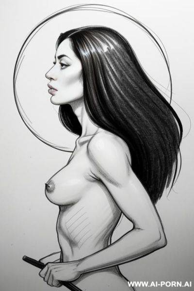 A hand-drawn, ink sketch of a adult light-skinned female upper body torso, viewed from the mid-chest up and centered. the subject is nude, depicted in profile but looking slightly tods the - ai-porn.ai on pornintellect.com