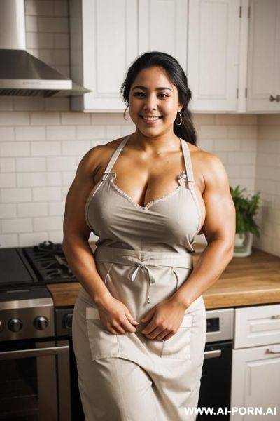 Medium shot photo, 20 year old, colombian, ((thick arm muscles)), standing in the kitchen, wearing an apron, smiling - ai-porn.ai - Colombia on pornintellect.com