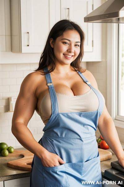 Medium shot photo, 20 year old, ((thick arm muscles)), standing in the kitchen, wearing an apron, smiling - ai-porn.ai on pornintellect.com