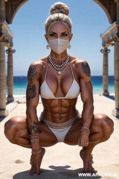 Chic boho pearl necklace, with rhinestones and tassels on the body, a mask on the face with rhinestones and tassels. ((((sweat-covered skin)))), a mature beautiful woman, - ai-porn.ai on pornintellect.com