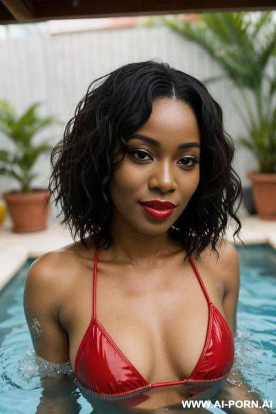 Makeup, red lipstick on her lips, red bikini, she turns her head and looking at me - ai-porn.ai on pornintellect.com