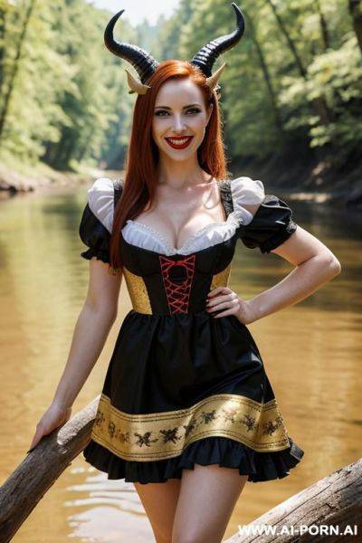 Beautiful brunette demoness-succubus, with demon horns, looks with a very sexy seductive look, dressed in beautiful sexy clothes, in a sexy pose - ai-porn.ai on pornintellect.com