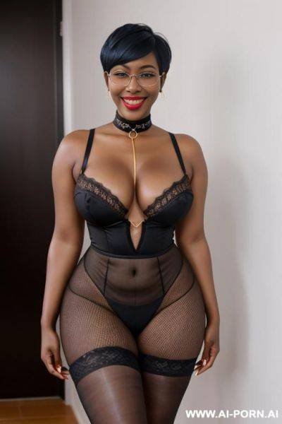Pixie hair cut high heels glasses choker colar fishnet stockings huge tits dark skin - ai-porn.ai on pornintellect.com