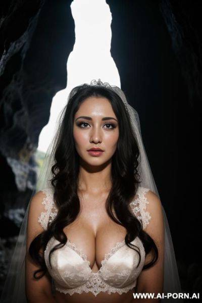 One woman, twenty years old, curly long hair, brunette, black eyes, bride, dark cave, white skin, huge boobs, svelte, sad, crying - ai-porn.ai on pornintellect.com