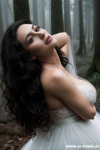 One woman, twenty years old, curly long hair, brunette, black eyes, bride, fog in the forest, white skin, huge boobs, svelte, - ai-porn.ai on pornintellect.com