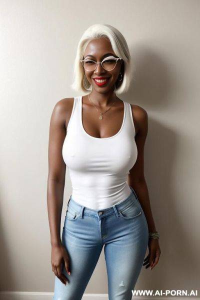 Hot sexy tall rusian woman huge tits pixie hair high heels glasses white tank top shirt (dark skin) - ai-porn.ai on pornintellect.com
