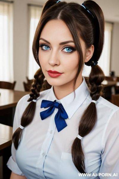 , 1, womanager, neat and beautiful face, plump lips, big eyelashes, blue eyes, hair color brown, stands at full h, opposite the table, uniform - ai-porn.ai on pornintellect.com