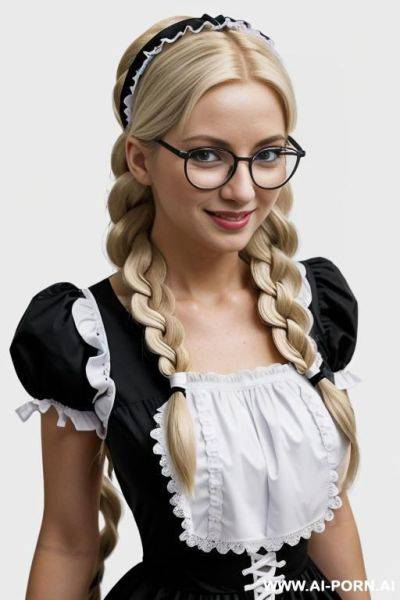 Anime-style woman with long blonde hair in two braids. she wears a classic black and white maid outfit with frilly details and a white headband. her eyes are large and bright blue, with a - ai-porn.ai on pornintellect.com